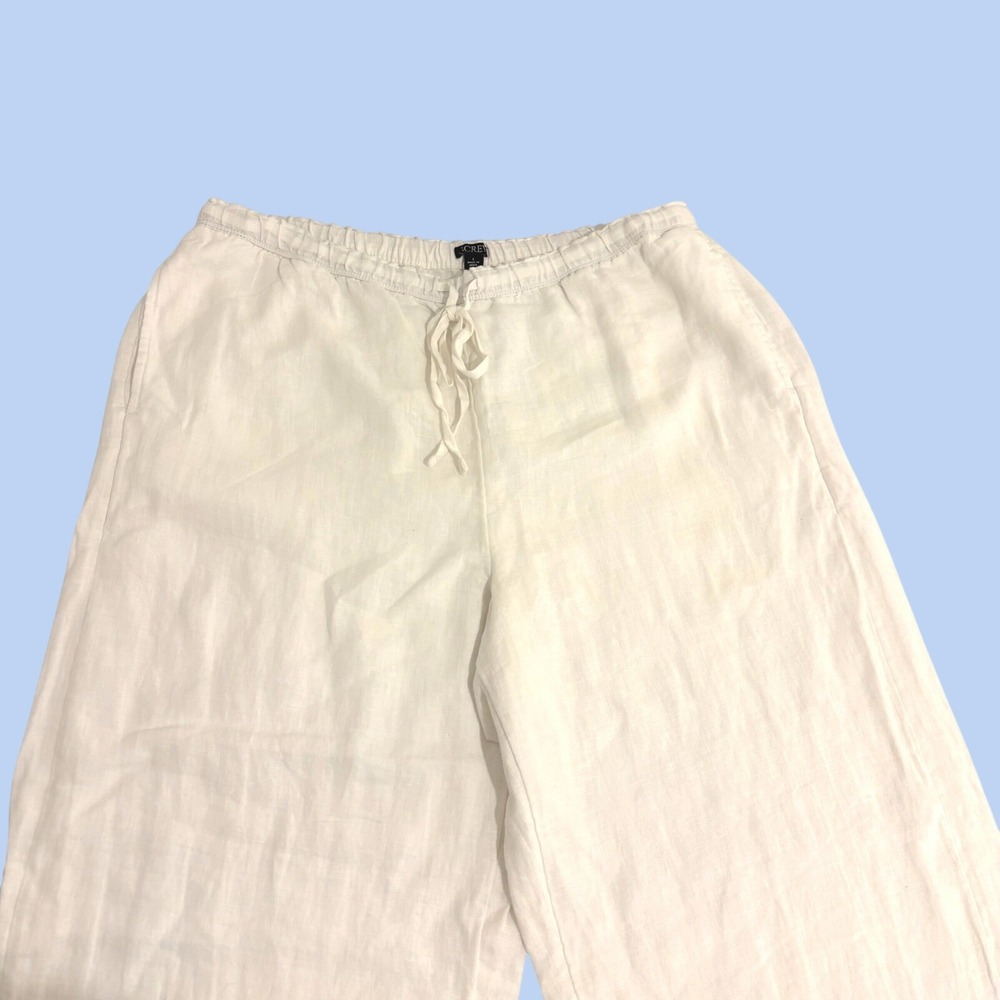New J.Crew Linen Pants Women L White Wide Leg Elastic Drawstring High Waisted